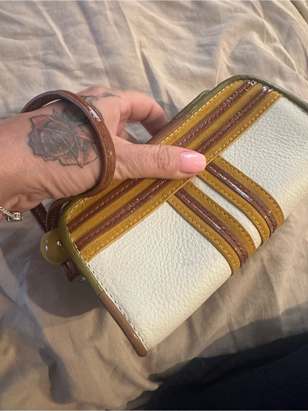 Tory Sport Neutral Cream & Brown Wristlet Wallet with Mustard Accents